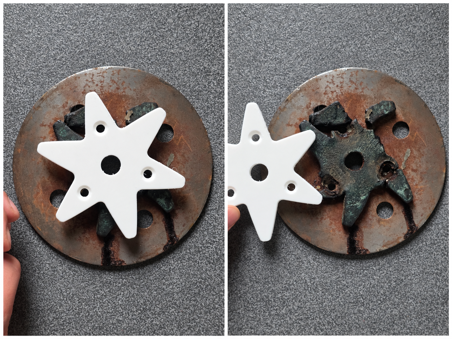 Valge tähekujuline asendusdetail vana metallketta peal
